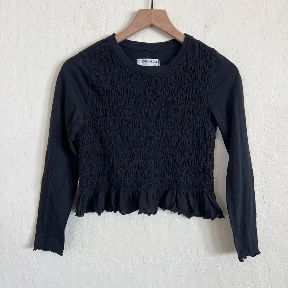 Free People Black Smocked Ruffle Hem Long Sleeve Top